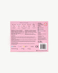 Pink makeup kit packaging with text and icons on a white background