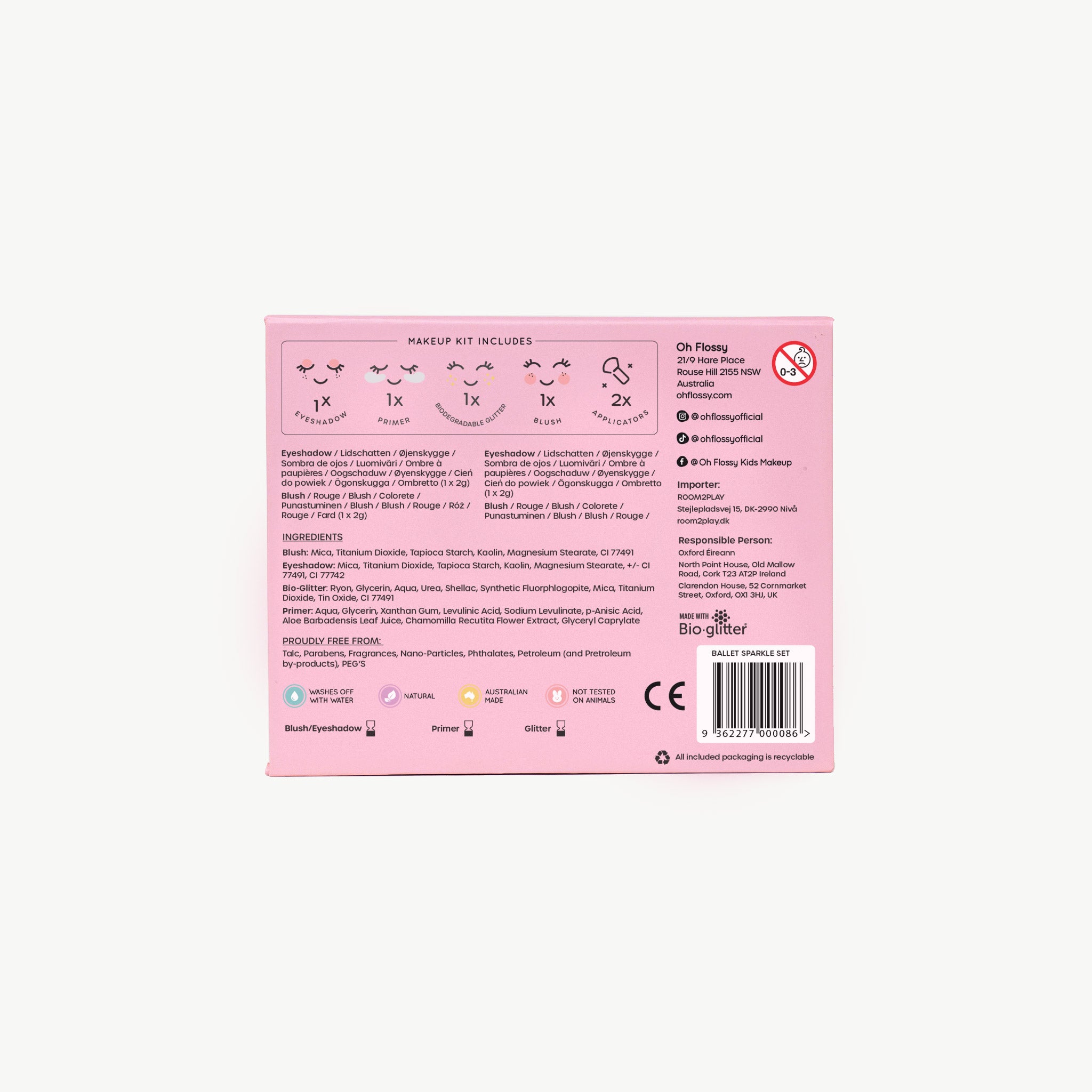 Pink makeup kit packaging with text and icons on a white background