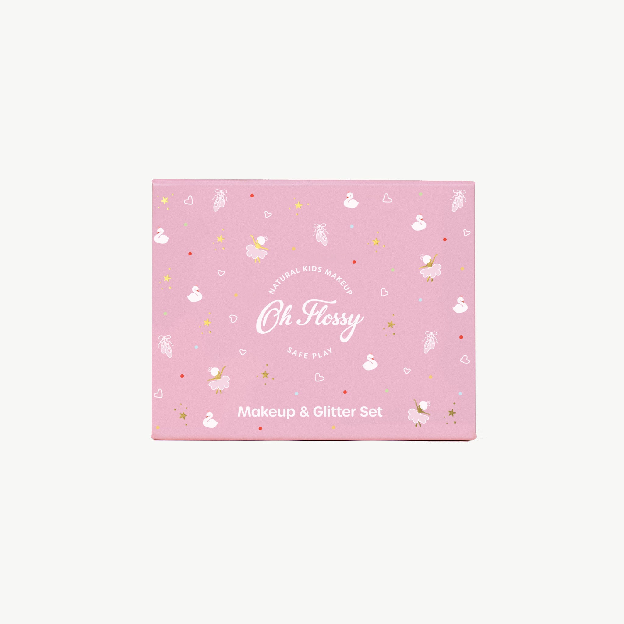 Pink makeup set packaging with 'Oh Flossy' branding on a white background