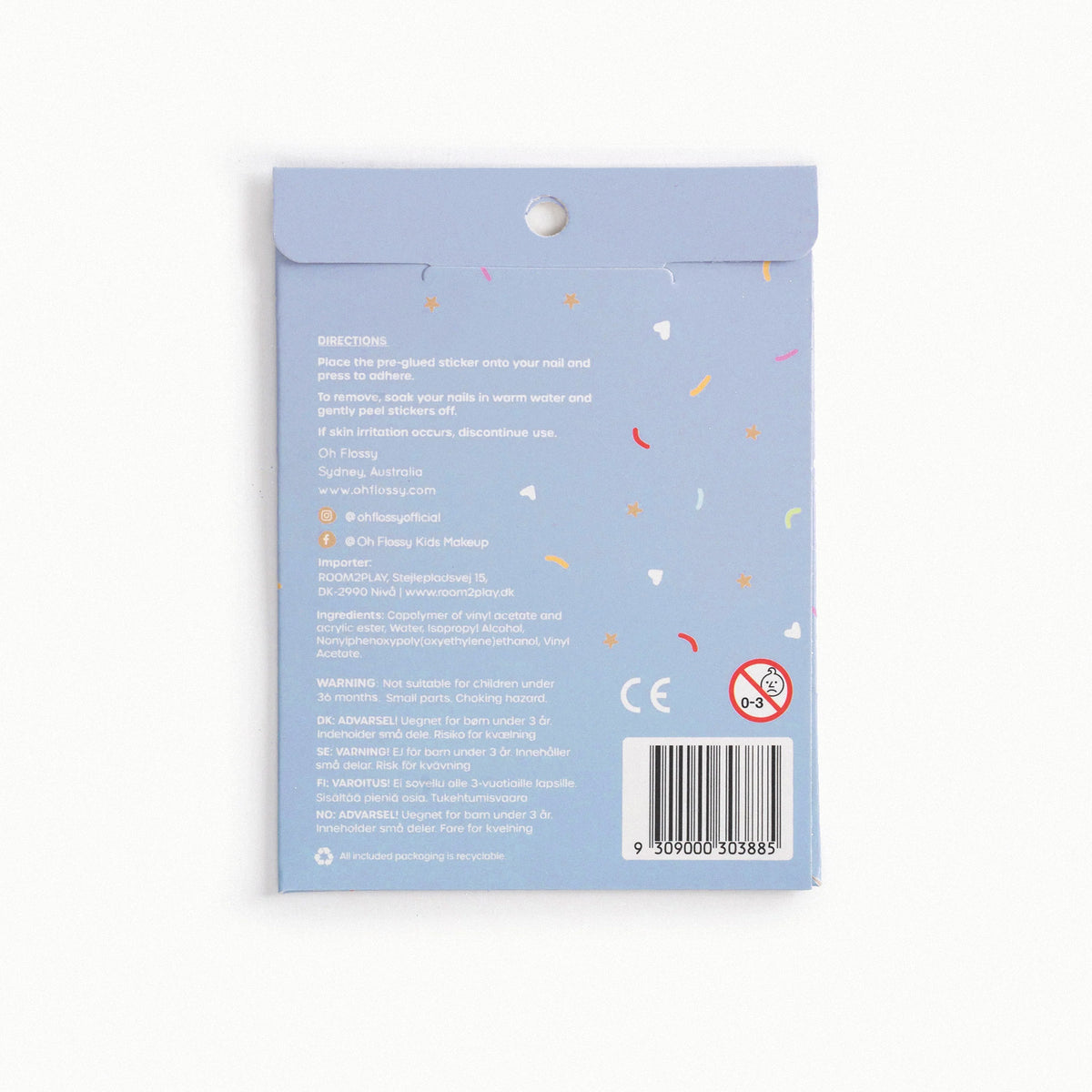 Back of Oh Flossy Disco Fever nail stickers with a blue packaging