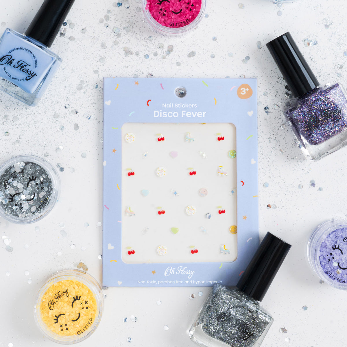 Oh Flossy Disco Fever Nail stickers for kids with glitter nail polish bottles and glitter pots