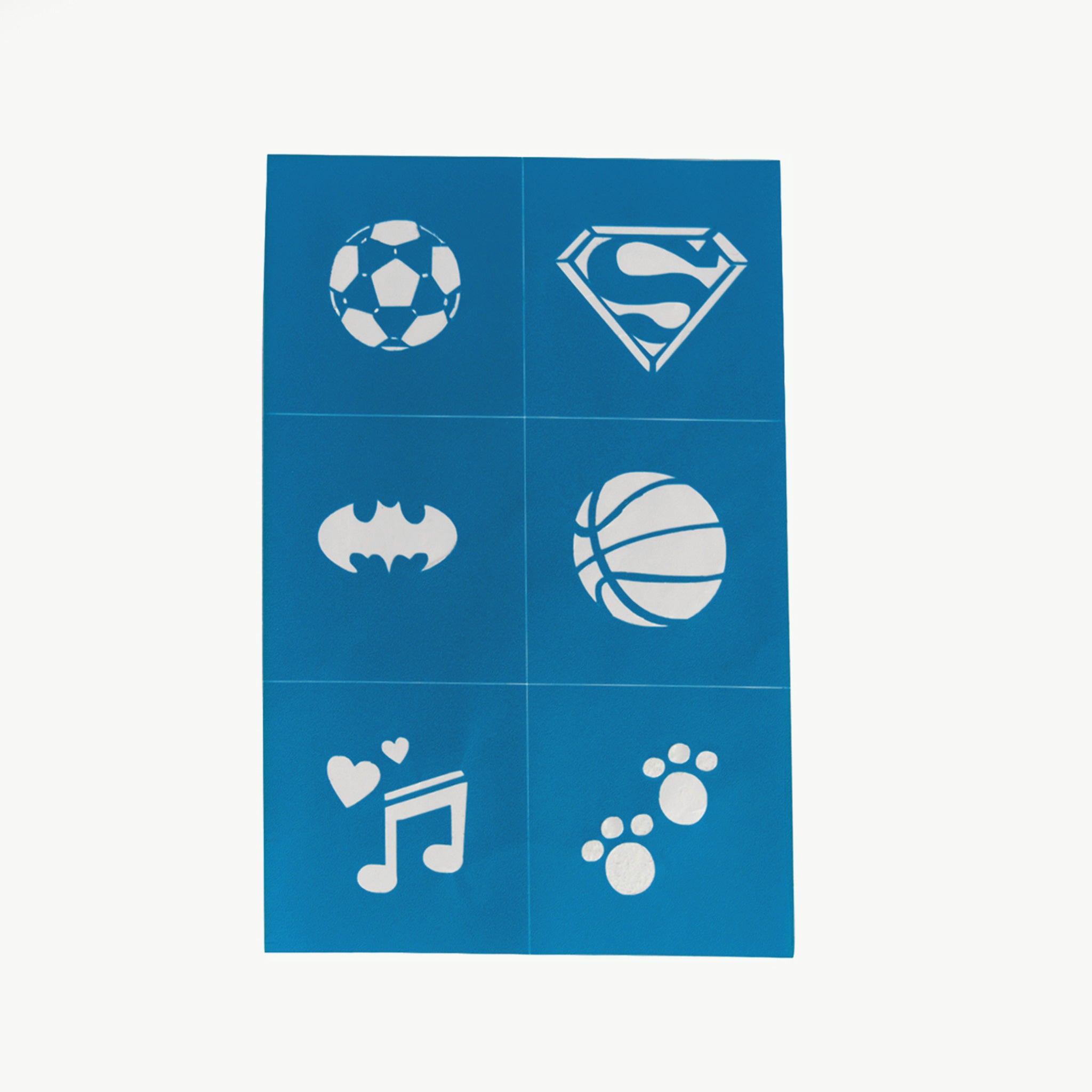 Oh Flossy Face Paint Stencils Birthday soccer ball, superman sign, batman sign, basketball, music, paw footprints