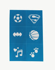 Oh Flossy Face Paint Stencils Birthday soccer ball, superman sign, batman sign, basketball, music, paw footprints