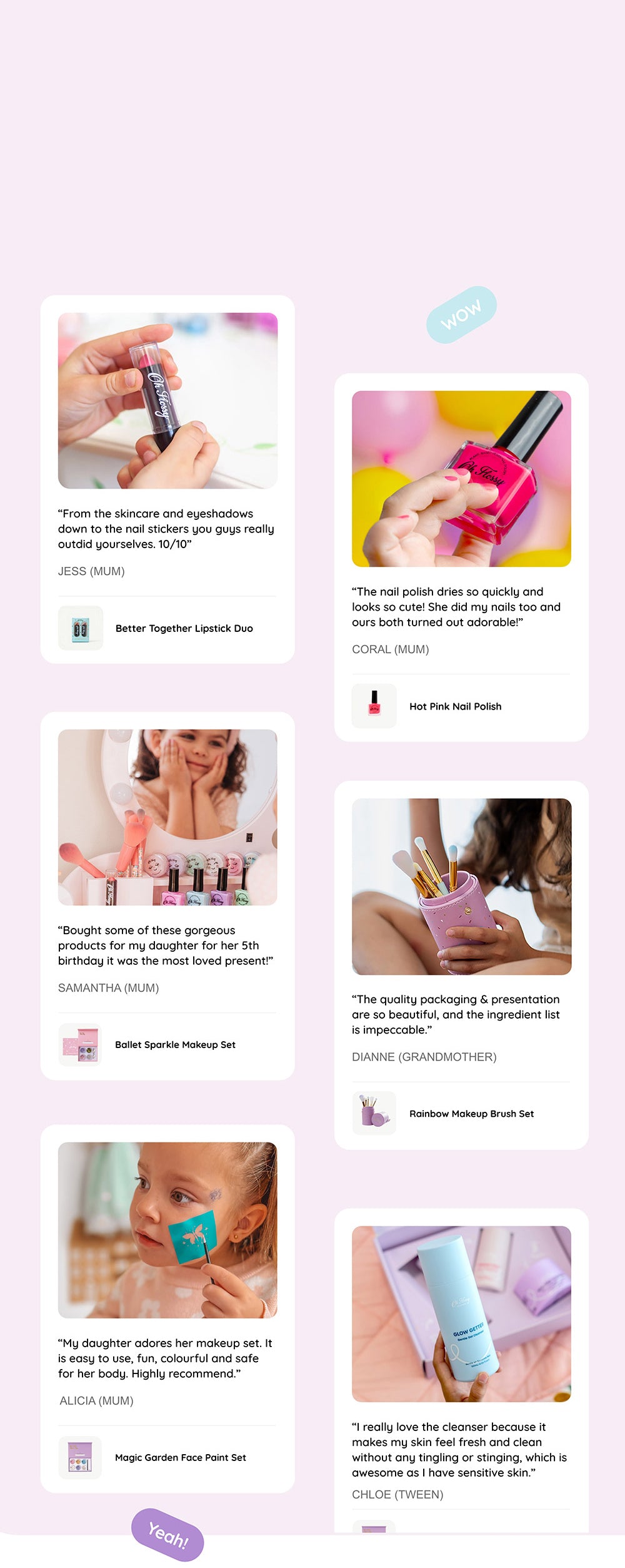 A vertical collage-style graphic on a pale pink background featuring multiple product photos and customer reviews. The products shown include lip gloss, nail polish, makeup brushes, and a face paint set