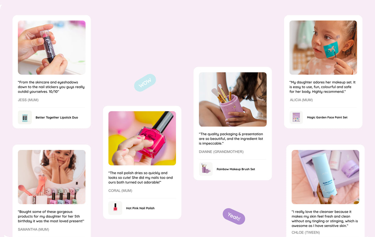 A collage-style graphic on a pale pink background featuring multiple product photos and customer reviews. The products shown include lip gloss, nail polish, makeup brushes, and a face paint set