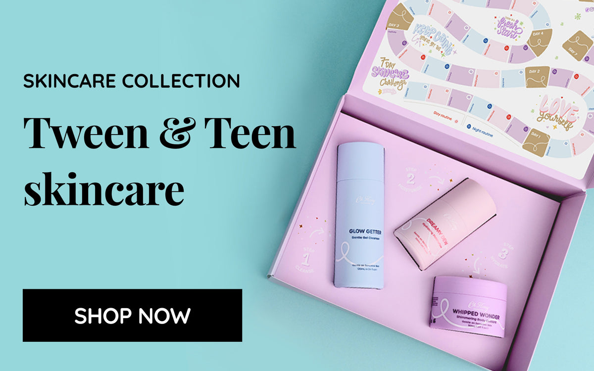 A skincare gift set box shown open on a light teal background with text reading 'Skincare Collection Tween & Teen skincare' and a 'Shop Now' button. The box contains a cleanser blue bottle, a moisturiser pink bottle, and a body custard lavender jar, with a 7-day skincare challenge printed lid insert.