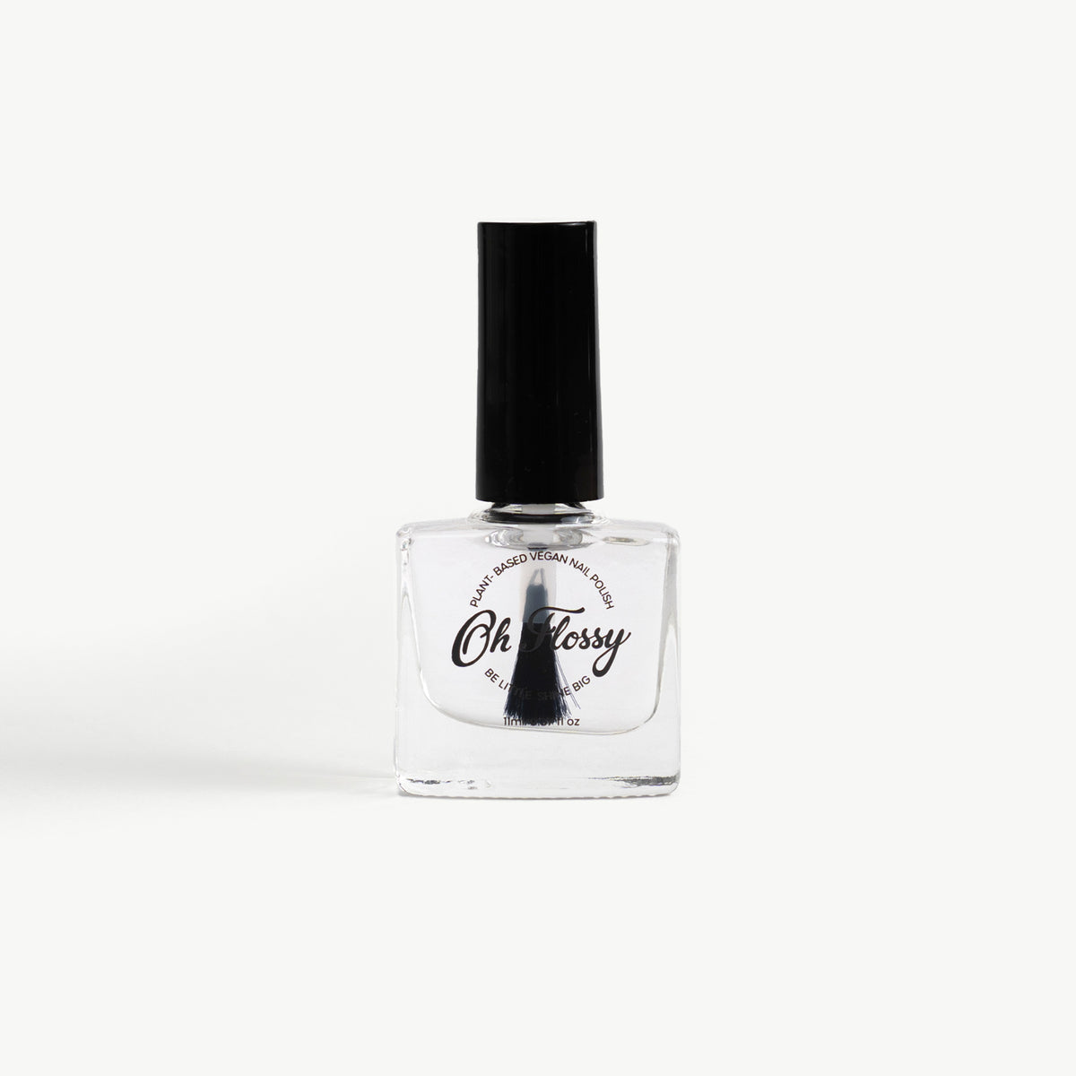 Oh Flossy Nail polish bottle for kids with black cap and top coat clear nail polish