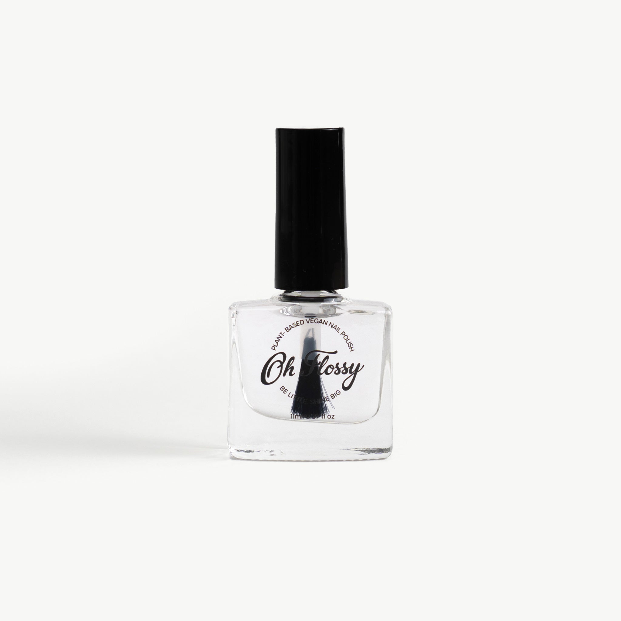 Oh Flossy Nail polish bottle for kids with black cap and top coat clear nail polish