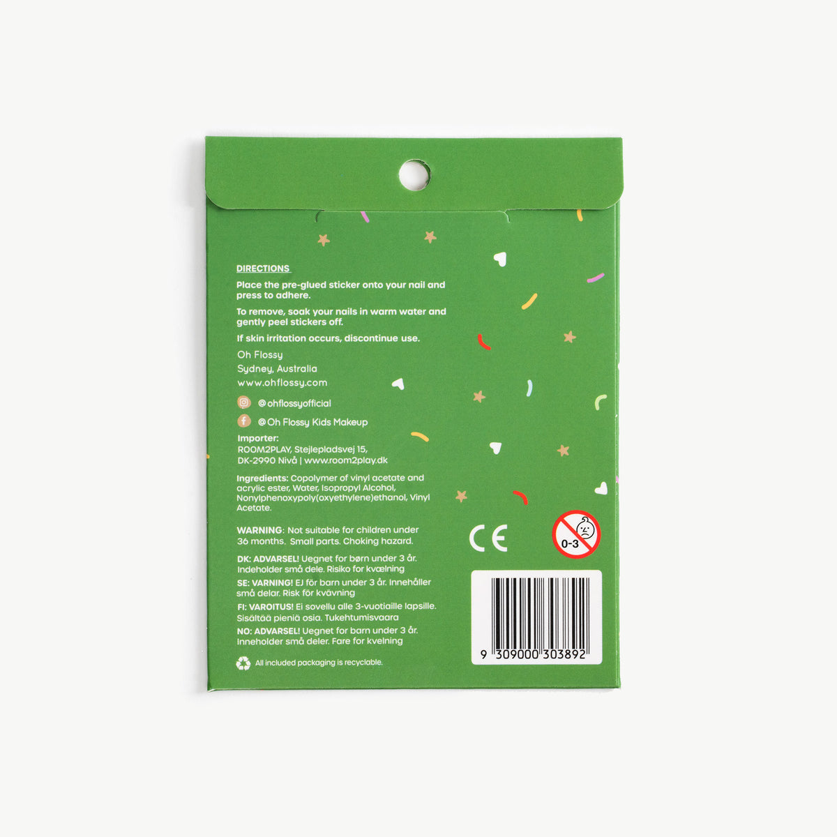 Back of Oh Flossy Wild Wonders nail stickers with jungle design and a green packaging